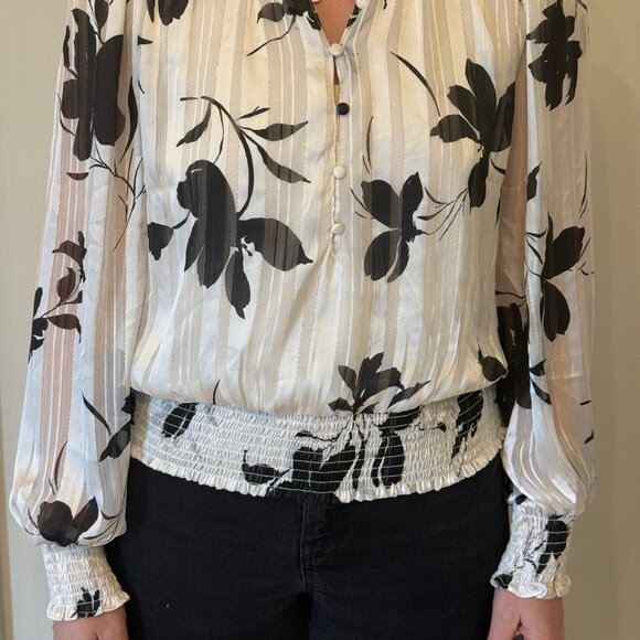 Autres Filles Black & White Floral Blouse w/ Thin Gold Metallic Stripe, Large - Picture 3 of 10
